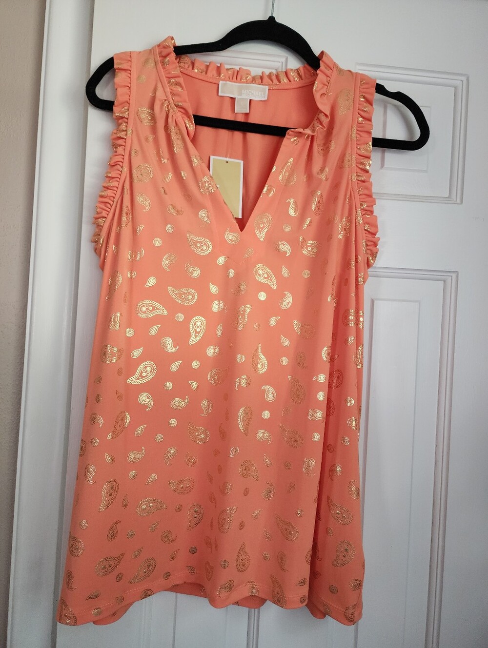 Michael Kors Sleeveless Coral Gold Paisley Ruffle V-Neck Top